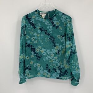 Pendleton vintage floral blouse top shirt chiffon blue green 90s women 8 Small